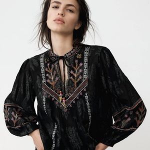 ZARA EMBROIDERED  JACQUARD BLOUSE METALLIC BLACK sz S